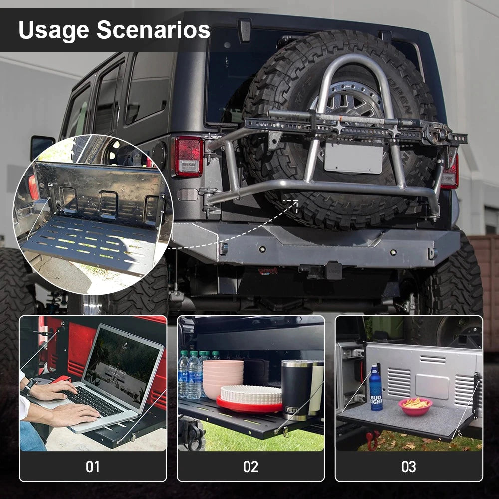 Alloy Matte Black Rear Trunk Door Mounting Tray Foldable Back Shelf Stand Fit for Jeep Wrangler JK 2007-2017
